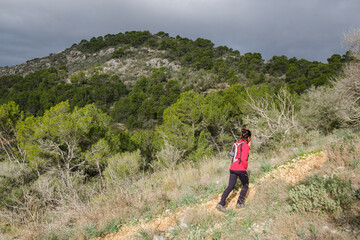 hiker ascending Galdent mountain range, Randa massif, municipalities of Llucmajor and Algaida, Mallorca, Balearic Islands, Spain