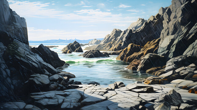 Majestic waves crash against rocky cliffs, painting a stunning seascape,
Beautiful seascape colorful summer landscape