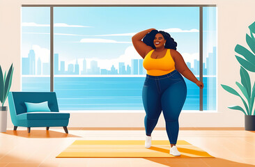 Body confident young woman dancing in sportswear, showing off her sportiness and flexibility. Fit plus size woman having fun as she expresses her body positivity in a studio