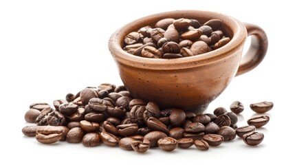 Fototapeta premium Coffee beans spilled out of a cup isolated on white background