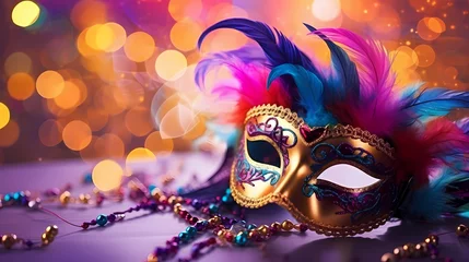 Poster Still life of colorful carnival beads and masks, vibrant background © ma