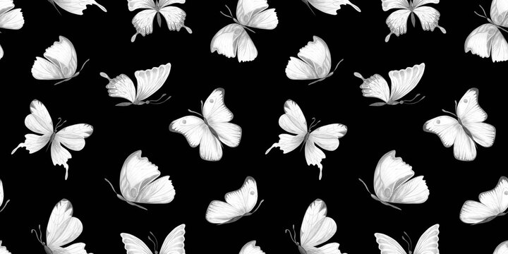 Seamless pattern with bright watercolor grey butterflies on black backdrop. Hand drawn insects design ideal for fabric textile or scrapbooking, paper. white
