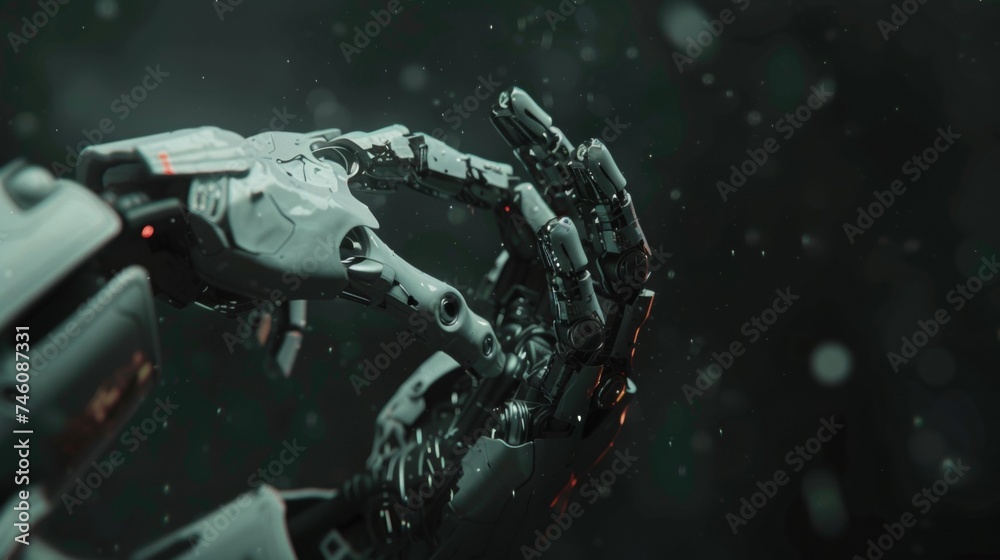 Aufkleber the hand of a robot makes contact with the hand of a human against a dark background in 3d