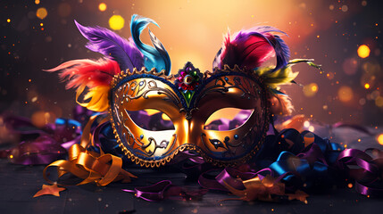 Still life of colorful carnival beads and masks, vibrant background