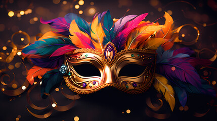 Fototapeta premium Still life of colorful carnival beads and masks, vibrant background