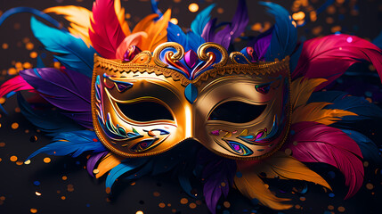 Fototapeta premium Still life of colorful carnival beads and masks, vibrant background