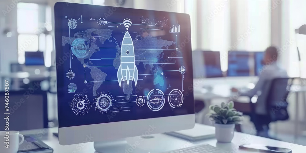 Leinwandbilder Tech Frontier: Conceptual Rocket Launch on a Digital Global Network, Emphasizing Worldwide Connectivity and Innovation, Generative AI