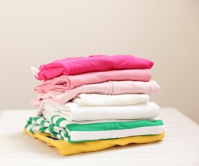 Stack of folded clothes on white table against grey background