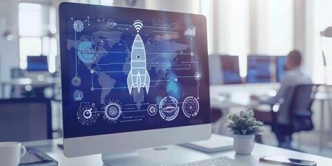 Tech Frontier: Conceptual Rocket Launch on a Digital Global Network, Emphasizing Worldwide Connectivity and Innovation, Generative AI