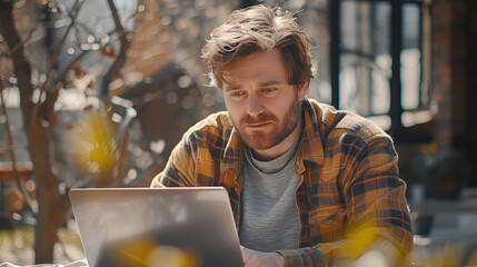 A focused freelancer with a laptop works remotely surrounded by the colors of autumn.