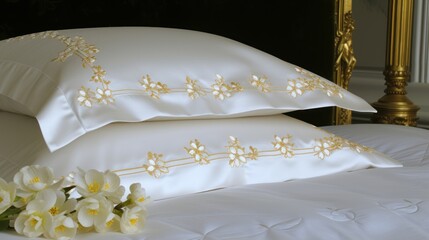 a close up of two pillows on a bed with a bouquet of flowers on the side of the bedspread.