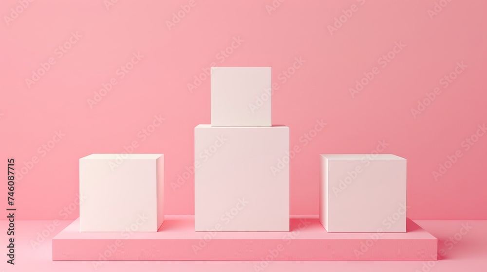 Aufkleber a podium consisting of three 3d pastel squares of different sizes on a pink background.
