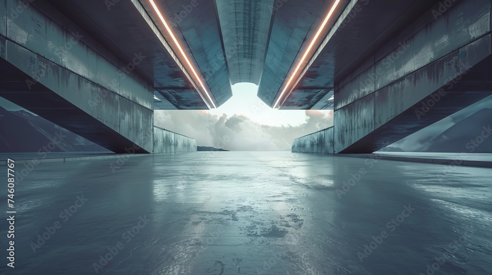 Leinwandbilder a 3d rendering of abstract futuristic architecture with concrete flooring. car presentation.