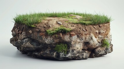 Detailed cross-section of a round soil ground with earth and grass, rendered in a realistic 3D style with a cutaway circle floor that reveals rock isolations