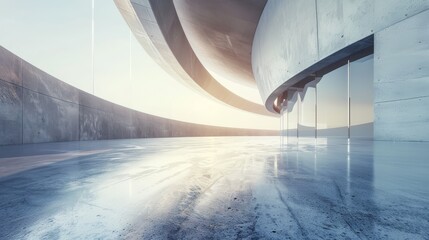 The floor of an abstract futuristic building is made of concrete in this 3D render. - obrazy, fototapety, plakaty
