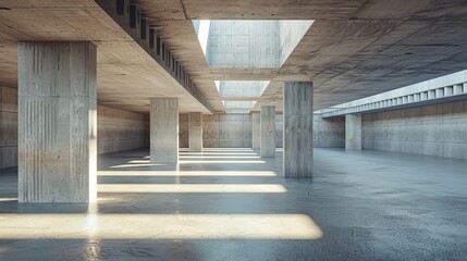 An empty cement floor and concrete architecture in a 3D render.