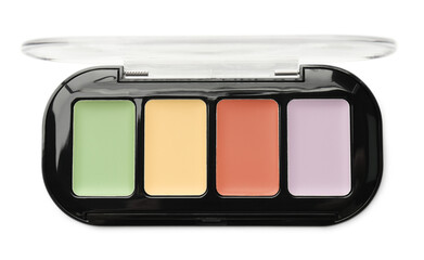 Colorful correcting concealer palette isolated on white, top view