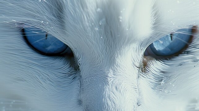 a close up of a white cat's face with blue eyes and whiskers on it's fur.
