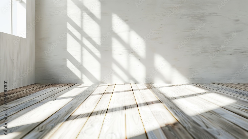 Poster a perspective of minimal design architecture with a white room interior and a wooden floor with sun 