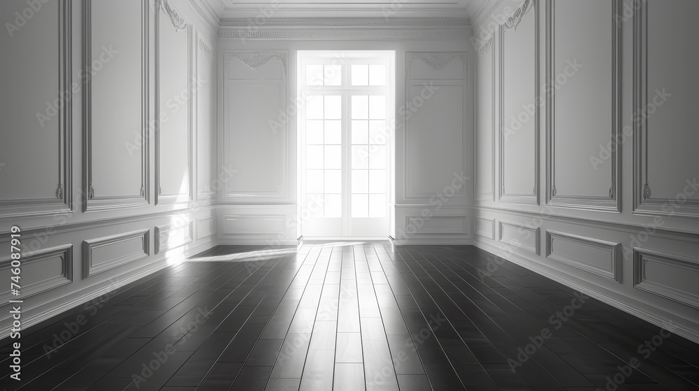 Poster view of a white, empty room with dark laminate flooring, showcasing classical interior style. a blan