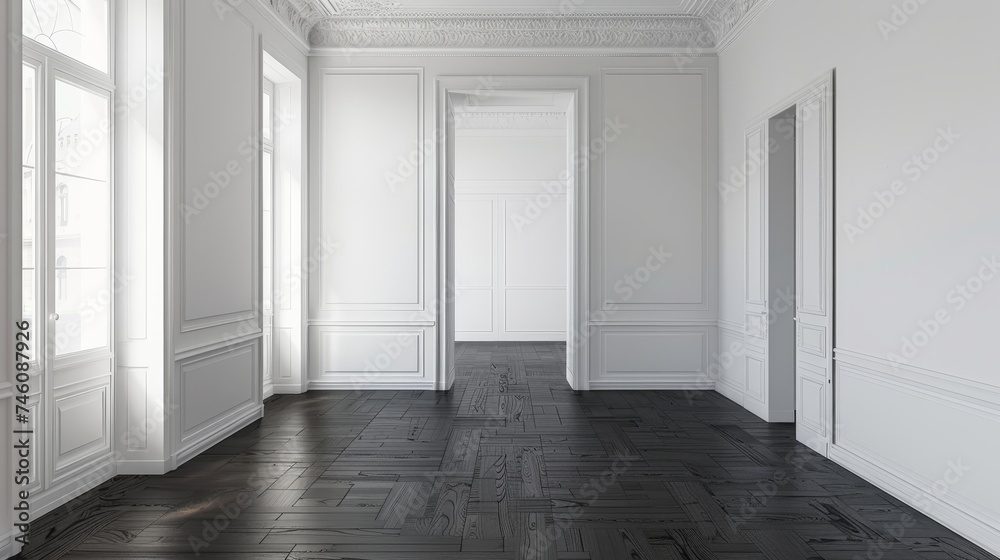 Poster this is a view of an empty white room with a dark laminate floor, classical interior style, and arch