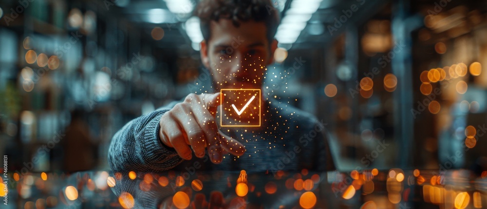 Poster Using a virtual screen, a businessman touches the checked icon to validate its application for business process automation, quality assurance management, certification, and digital transformation.