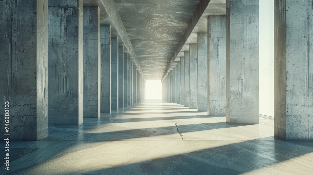 Poster The abstract futuristic architecture with concrete floor is rendered in 3D...