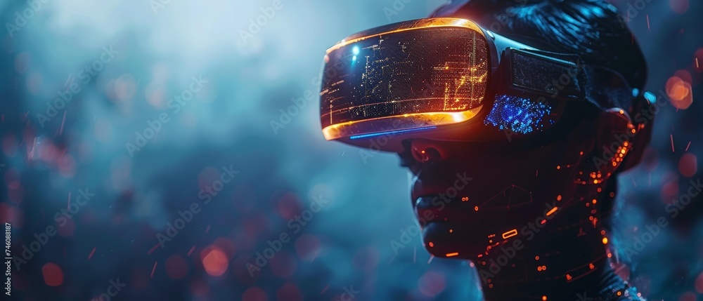 Poster A man wearing VR glasses connects to a metaverse using blockchain and the internet of things, connecting people through network systems, using Big Data.
