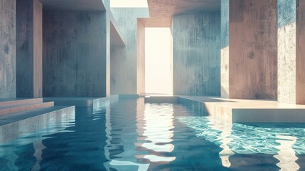 A 3D render of abstract futuristic architecture with concrete flooring.