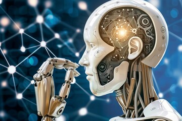 Fototapeta premium Futuristic robot with human-like features pondering digitalization