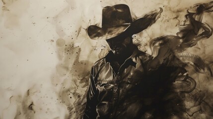 charcoal and pencil drawing: a mystical silhouette of a man in a hat, surrounded by mysterious smoke and splashes of water, artistic depiction of darkness