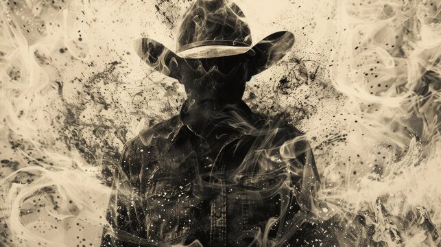 Charcoal And Pencil Drawing: A Mystical Silhouette Of A Man In A Hat, Surrounded By Mysterious Smoke And Splashes Of Water, Artistic Depiction Of Darkness