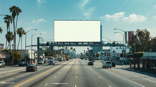 Mock up. An empty billboard, a large advertising screen above a busy city street lined with palm trees