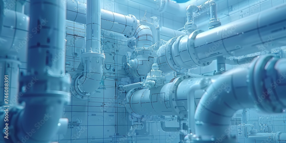 Aufkleber Engineering Complexity: An Intricate Network of Pipes Overlaid on Technical Blueprints, Generative AI