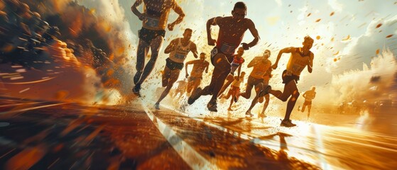Athletes sprinting towards the finish line, determined to claim victory and earn the title of...