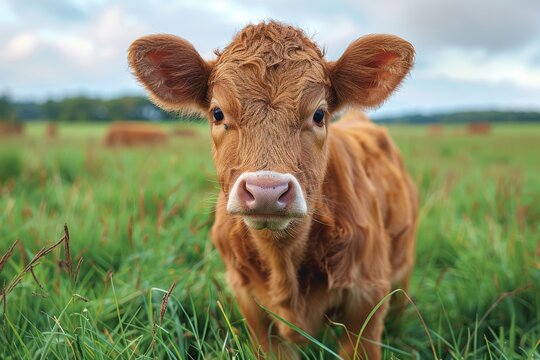 A detailed close-up shot captures a young brown cow with expressive eyes amidst the green field under a blue sky