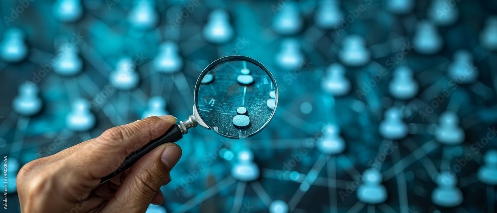Poster The human resource management concept. The businessman is holding a magnifier and searching for human icons for the development and recruitment of human resources.