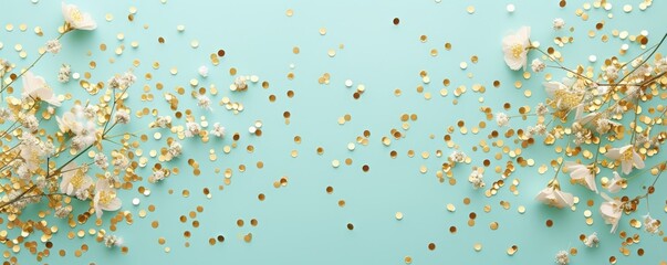 Obraz na płótnie Canvas golden confetti with flowers on mint background.