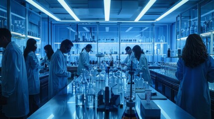 Team of scientists collaborating in a laboratory, conducting experiments and analyzing data together in pursuit of groundbreaking discoveries and innovations - obrazy, fototapety, plakaty