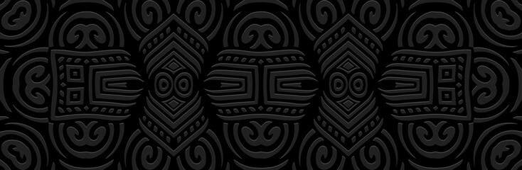 Banner, tribal original cover design. Relief geometric ethnic 3D pattern on a black background. Vintage art, exoticism of the East, Asia, India, Mexico, Aztec, Peru.