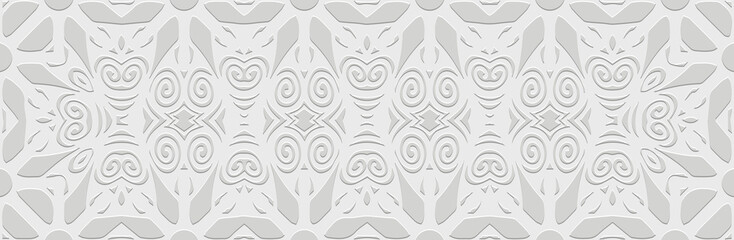 Banner, tribal ornamental cover design. Relief geometric ethnic 3D pattern on a white background. Vintage art, exoticism of the East, Asia, India, Mexico, Aztec, Peru. ©  swetazwet