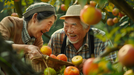 Photo of elderly couple smiling picking fruits in the garden - obrazy, fototapety, plakaty