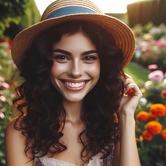 In the garden, a woman wearing a hat while smiling.