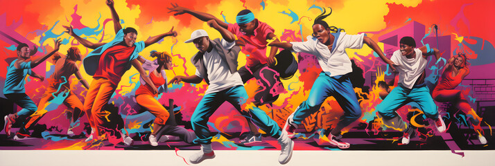 Vibrant Snapshot of Urban Hip Hop Culture: Graffiti, Dancers, and Turntable