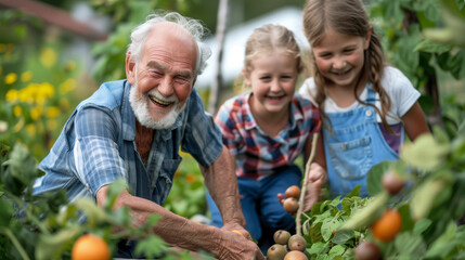 Elderly couple smiling picking fruits in the garden with their grandchildren