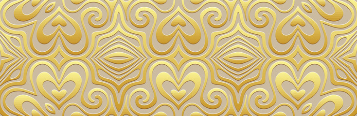 Banner, tribal elegant cover design. Relief geometric ethnic gold 3D pattern on a light background, metallic. Vintage art, exoticism of the East, Asia, India, Mexico, Aztec, Peru. ©  swetazwet
