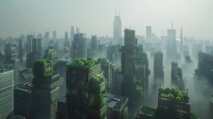 futuristic smart city skyline where Brutalist structures are integrated with green technologies,