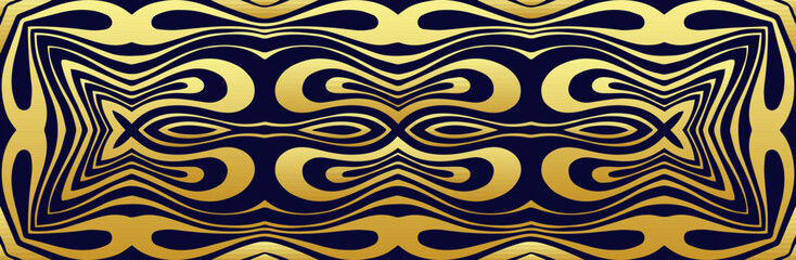 Banner, tribal fantasy decorative cover design. Relief geometric ethnic gold 3D pattern on a blue background, metallic. Vintage art, exoticism of the East, Asia, India, Mexico, Aztec, Peru. ©  swetazwet