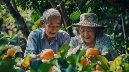 Naklejka na ściany i meble Photo of elderly couple smiling picking fruits in the garden