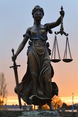 Lady Justice statue at sunset representing fairness